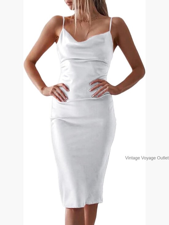 Dresses & Skirts - Sleeveless Spaghetti Strap Satin Midi Dress Cowl Neck Bodycon Party